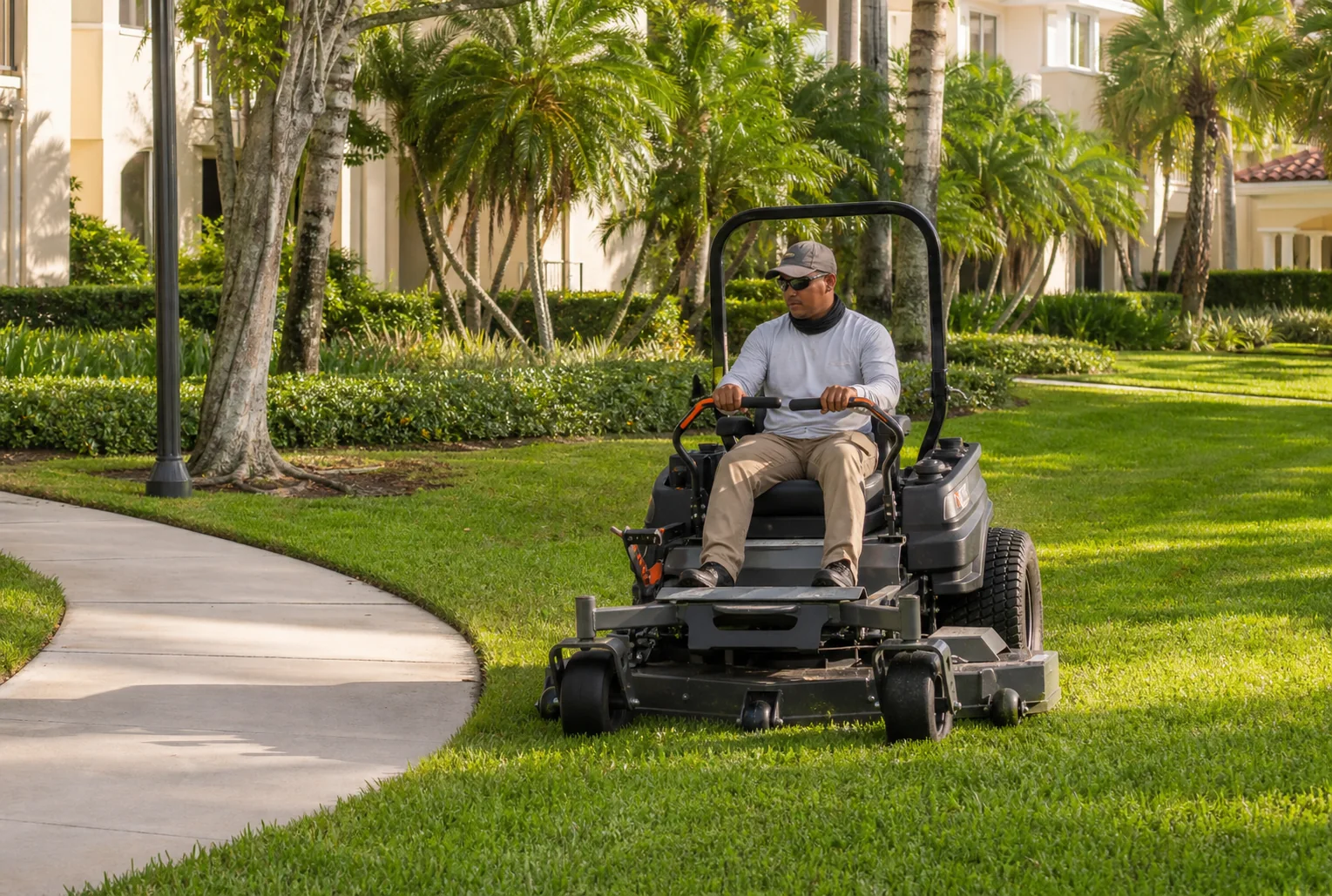 Professional zero-turn mowing at a Florida managed property